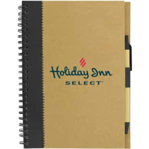 A recycled paper notebook in brown with a spiral binding and a pen holder, featuring a logo on the cover.