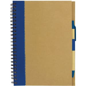 A recycled paper notebook in brown with a blue spiral binding and a blue pen attached.