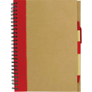 A recycled paper notebook with a brown cover, red binding, and a matching pen attached.