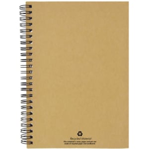 A recycled paper notebook with a brown cover and black spiral binding. The notebook features branding on the bottom.