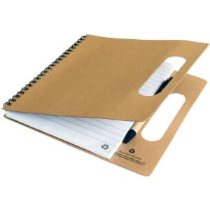 A recycled notebook with a brown cover, spiral binding, and handle cutouts, containing lined pages and a black pen.