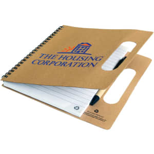 A recycled notebook with a brown cover, spiral binding, and a logo, featuring blank pages inside.