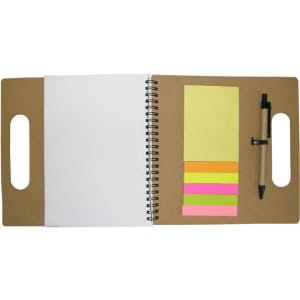 A recycled notebook in brown, featuring a blank page, sticky notes in pink, yellow, and orange, and a pen.