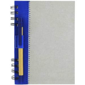 A recycled journal book with a blue cover, spiral binding, and a pen attached to the side.