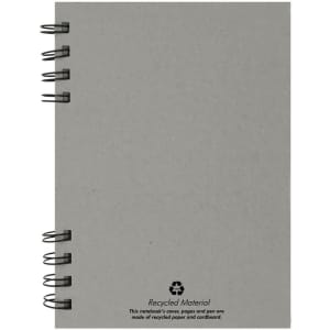 A grey recycled journal book with a spiral binding and a logo indicating recycled materials.