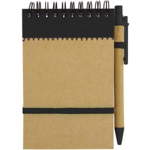 A brown recycled jotter pad with a spiral binding, elastic band, and a black pen attached. It features a logo.