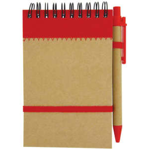 A recycled jotter pad with a brown cover, red binding, and a matching red pen attached.