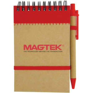 A brown recycled jotter pad with a red accent and a matching red pen, featuring a logo on the cover.