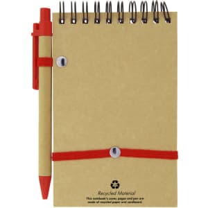A brown recycled jotter pad with a red pen, featuring a loop band and spiral binding.