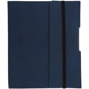 A navy blue Small Tuck Journal Book with an elastic closure and a logo on the front.