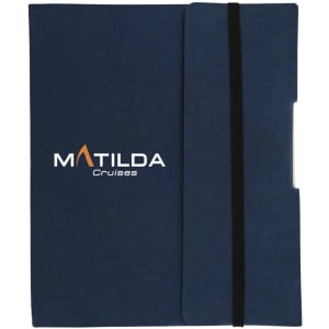 A navy blue Small Tuck Journal Book with an elastic closure and a logo on the cover.