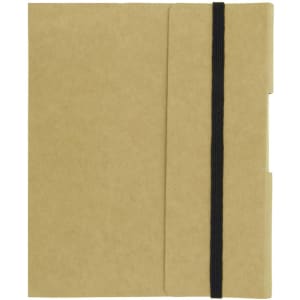 A small, kraft paper journal with a black elastic band closure and a side pocket for storage.