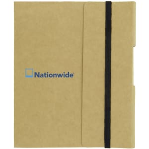 A small brown tuck journal book featuring a black elastic band and a logo on the front cover.