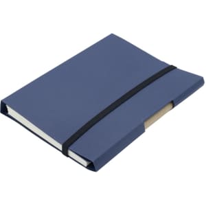 A navy blue tuck journal book with an elastic band closure and a pocket for notes. It has a simple design and branding.