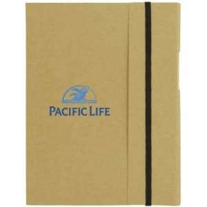 A large A5 journal book in a brown cover with an elastic band closure, featuring a logo.