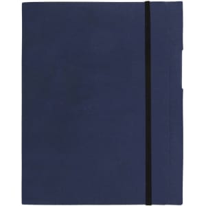 A navy blue Large Tuck A5 Journal Book with an elastic band and side pockets. It has a simple design and branding.