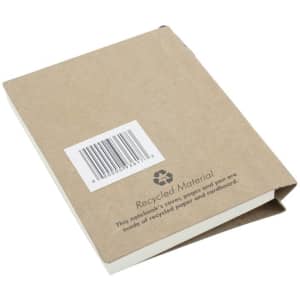 A recycled notebook with a brown kraft cover, featuring a barcode and branding on the back.