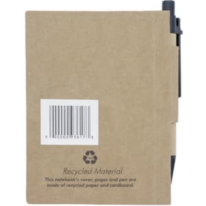 A recycled notebook with a beige cardboard cover, featuring a black pen attached and a logo on the back.