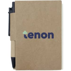 A recycled notebook in a brown cover with a pen attached, featuring a logo on the front.