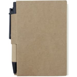 A recycled notebook in a brown kraft cover with a pen attached to the side, showcasing a simple and eco-friendly design.