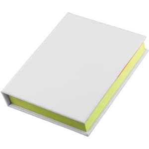A white adhesive note book featuring bright yellow sticky notes, displayed at an angle. Contains a branding logo.