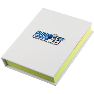 A white adhesive note book with a logo, featuring bright yellow sticky notes inside.