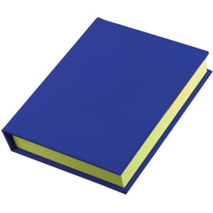 A blue adhesive note book with bright yellow sticky notes inside, featuring a sleek design and a logo.
