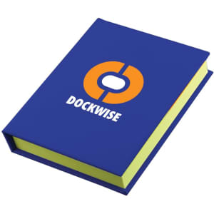A blue adhesive note book with a logo on the cover and yellow sticky notes inside.