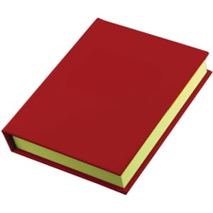 A red adhesive note book with a light green interior, featuring a sleek, smooth cover and a simple design.