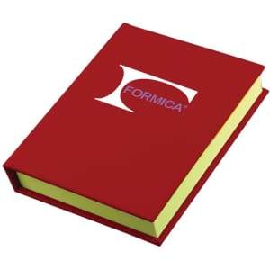 A red sticky note book with a yellow interior and a logo on the front cover.