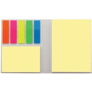 A sticky note book featuring bright coloured sticky notes in pink, green, blue, orange, and yellow pads.