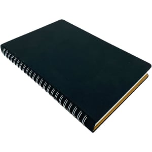 A black spiral notebook with a smooth cover and contrasting coloured pages. It features a coil binding.