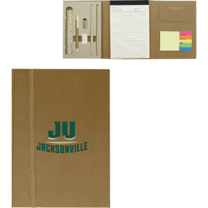 A brown A5 notepad with an elastic band, containing pens, sticky notes, a ruler, and a pocket for documents.
