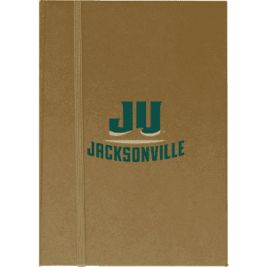 A beige A5 notepad with a logo on the cover and an elastic band closure.