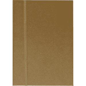 A brown A5 notepad with a simple design and an elastic band closure. It has a logo on the cover.