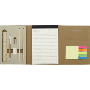 An A5 notepad in a kraft folder, featuring stationery items like a ruler, pencils, and sticky notes in various colours.