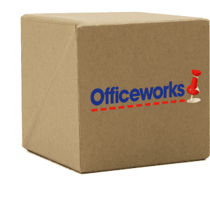 A brown cardboard box with a logo, featuring an office pin and a clipboard design.