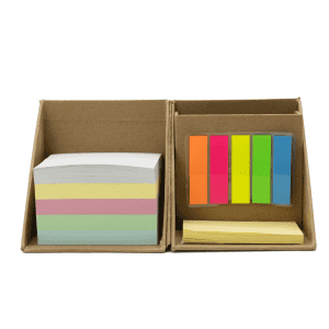 A set of sticky notes and flags in pastel colours, contained within a brown cardboard holder.