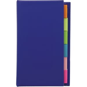 A blue book with sticky note tabs in various colours peeking out from the side, featuring a logo.