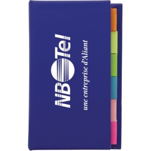 A blue adhesive note marker strip book with colourful sticky tabs and a logo on the front cover.