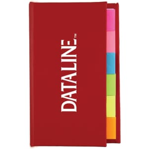A red book with a logo, featuring various sticky note markers in pink, blue, green, yellow, and orange.