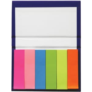 A sticky note marker strip book with vibrant pink, orange, green, and blue note sections in a navy cover.