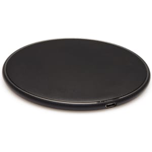 A black round wireless charging dock with a smooth surface and a USB-C port. It features a logo on the design.
