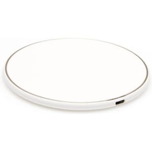 A round wireless charging dock in white with a grey edge, featuring a USB-C port. Includes a logo on the base.