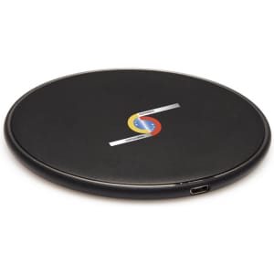 A round black wireless charging dock with a logo and a USB-C port.