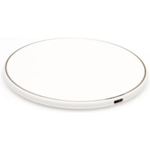 A round wireless charging dock in white with a subtle silver edge. Includes a USB port for charging.