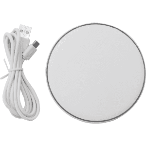 A round white wireless charging dock with a matching white USB charging cable. It features a logo on the surface.