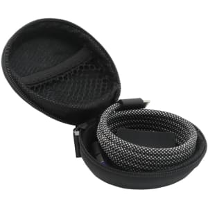 A black carrying case containing a green and black charging cable with textured detailing. The case has a zip closure.