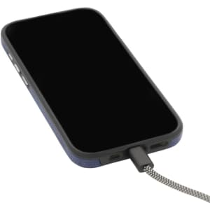 A black smartphone with a textured case and a grey charging cable connected.