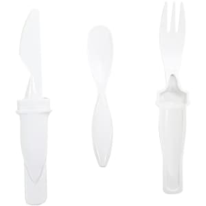 A plastic cutlery set featuring a white knife, fork, and spoon, with an integrated handle design.